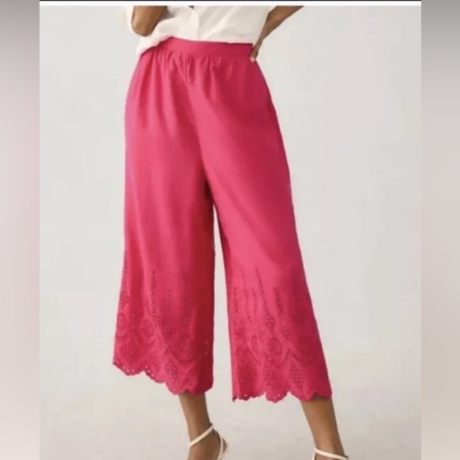 Anthropologie Pink Wide-Leg Eyelet Crop Pants Size 2